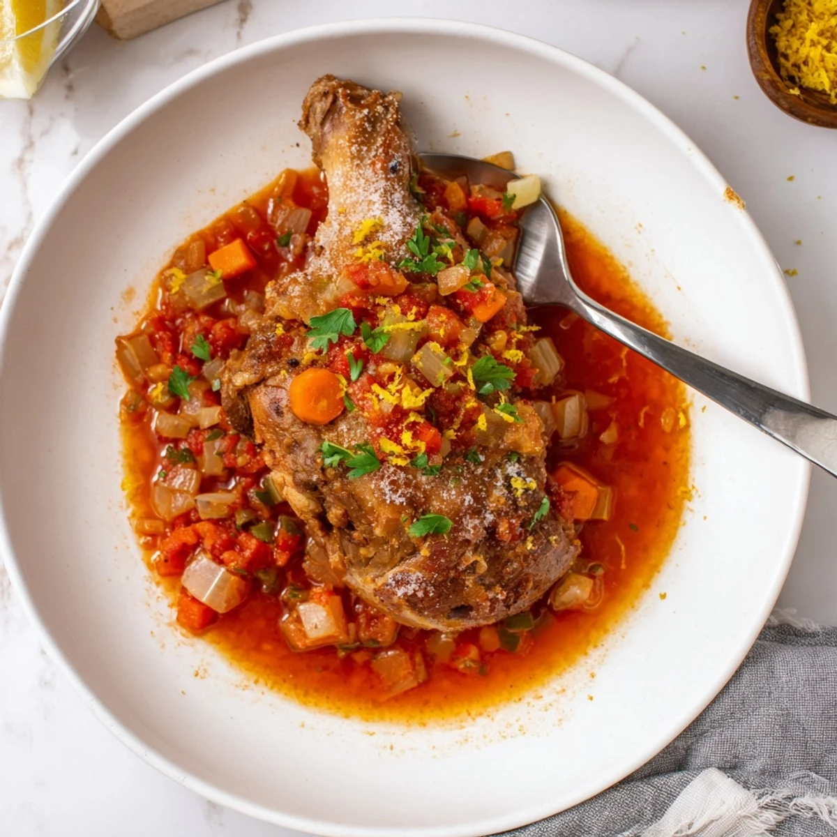 Golden brown Osso Buco veal shanks braised in rich tomato wine sauce with tender meat falling off the bone