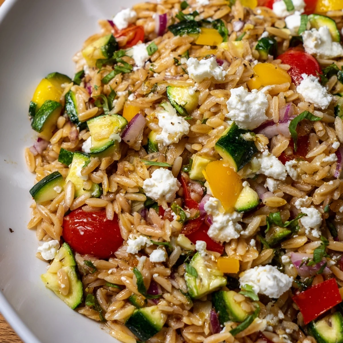 Colorful bowl of tasty roasted vegetable orzo topped with crumbled feta and fresh herbs