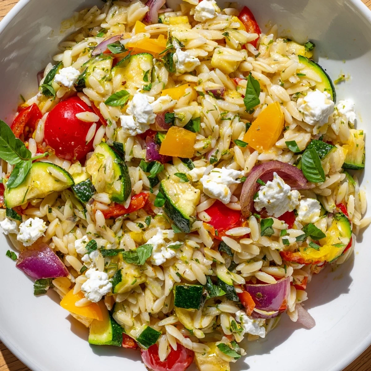 Golden orzo pasta tossed with tender zucchini bell peppers and roasted cherry tomatoes