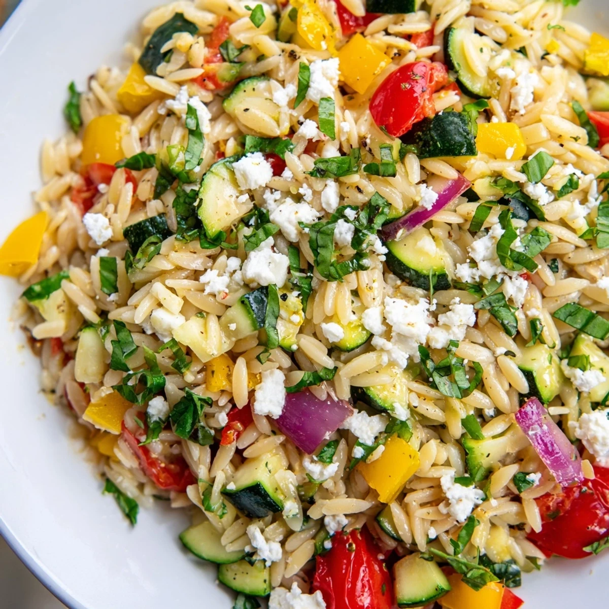 Mediterranean style tasty roasted vegetable orzo garnished with basil parsley and lemon zest