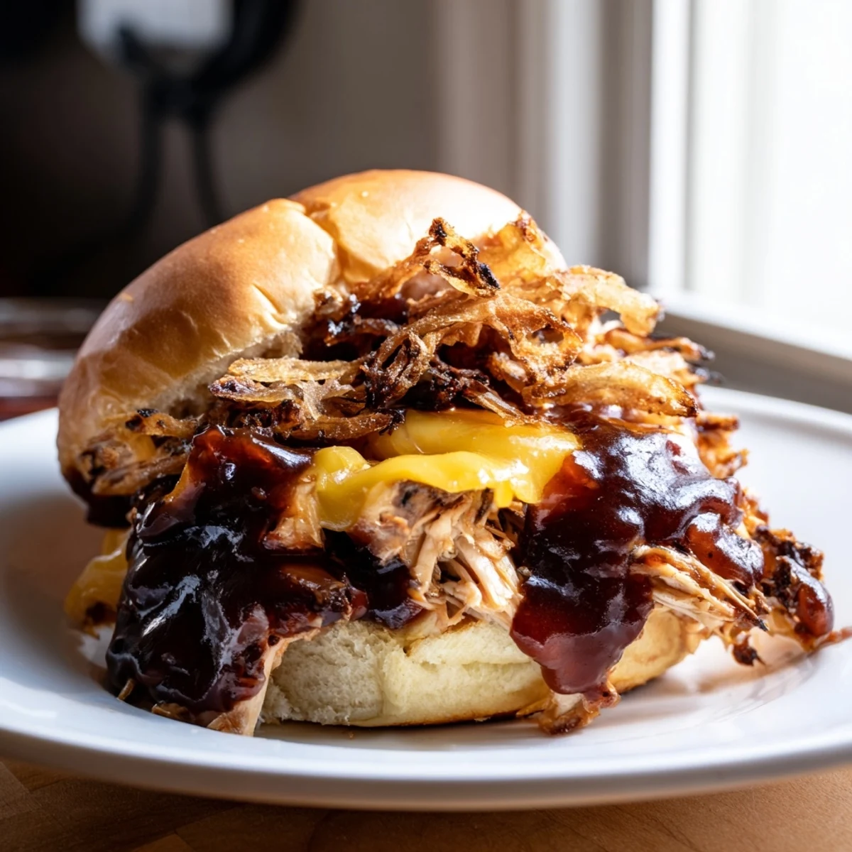 Golden Mississippi Mud Chicken Sliders topped with melted cheddar and crispy fried onions on buttery toasted buns