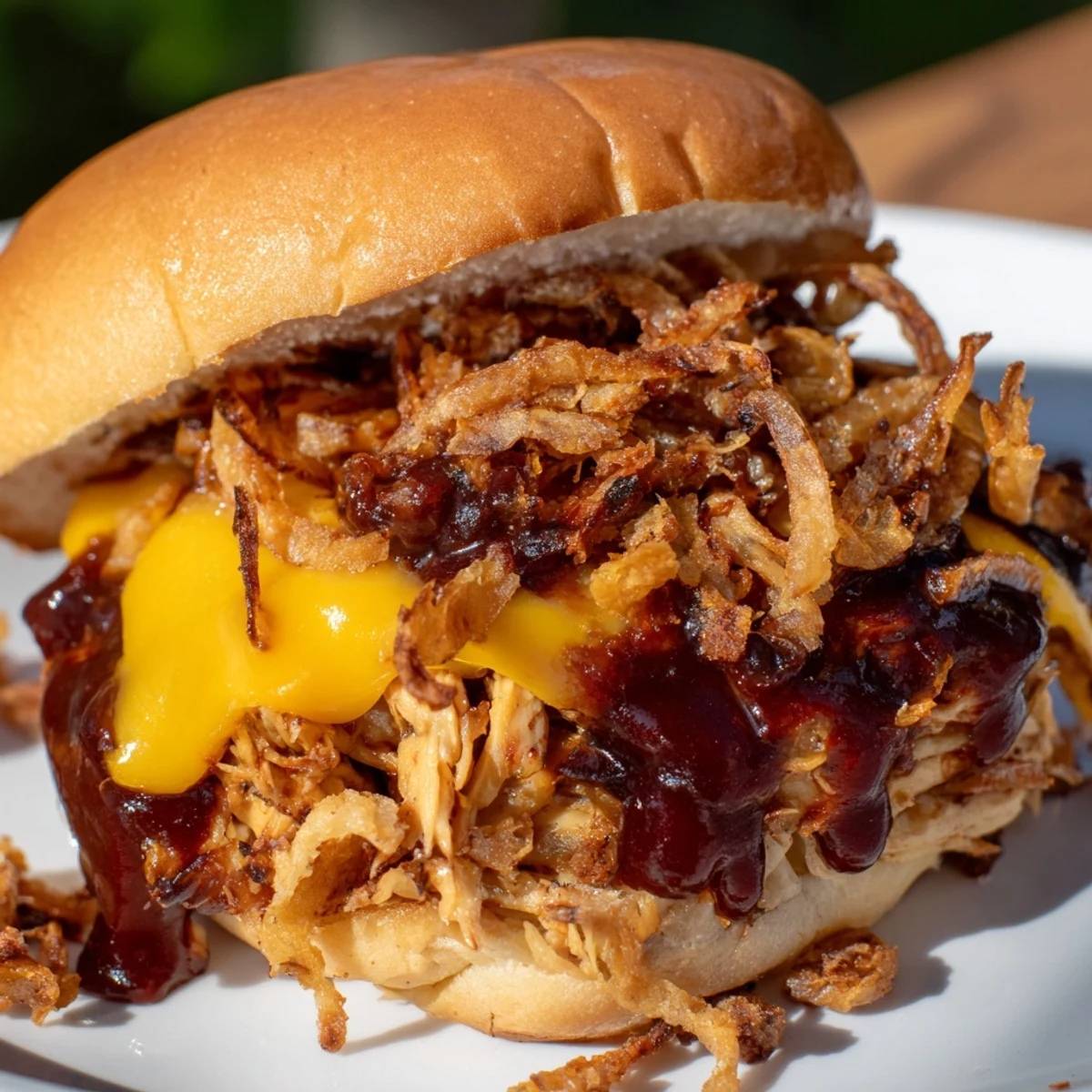 Juicy barbecue chicken sliders piled high with cheese and crunchy onions, baked until golden and bubbling