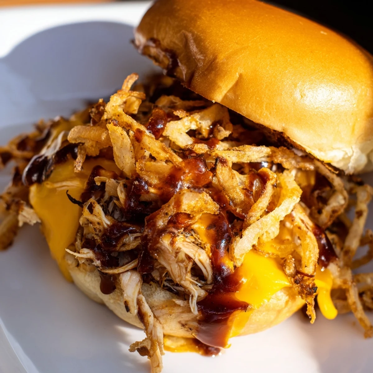 Savory Mississippi Mud Chicken Sliders feature shredded smoky chicken with melty cheese on soft slider rolls