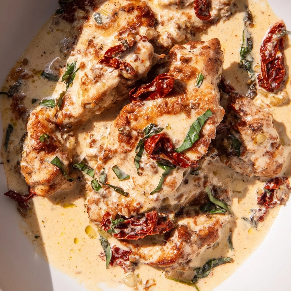 Golden brown chicken breasts nestled in rich creamy sun-dried tomato sauce with fresh basil garnish
