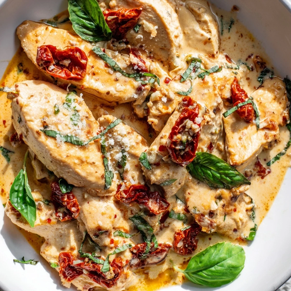 Savory high protein marry me chicken simmering in parmesan sauce served over a white plate