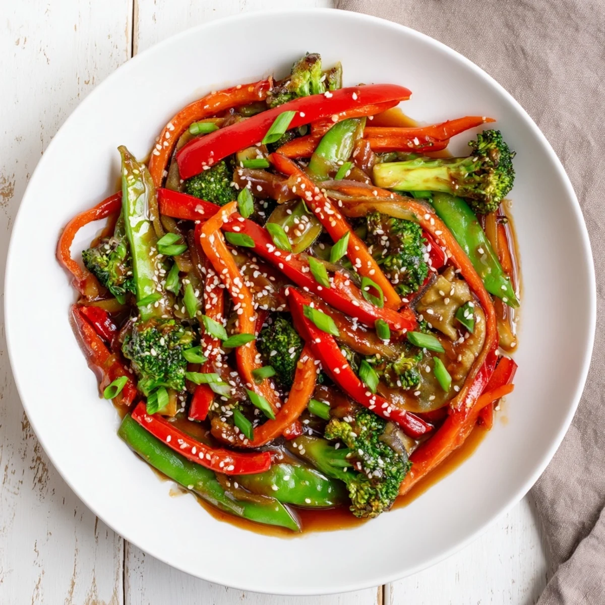 Tender dumplings and crisp vegetables tossed in rich garlic sauce garnished with sesame seeds