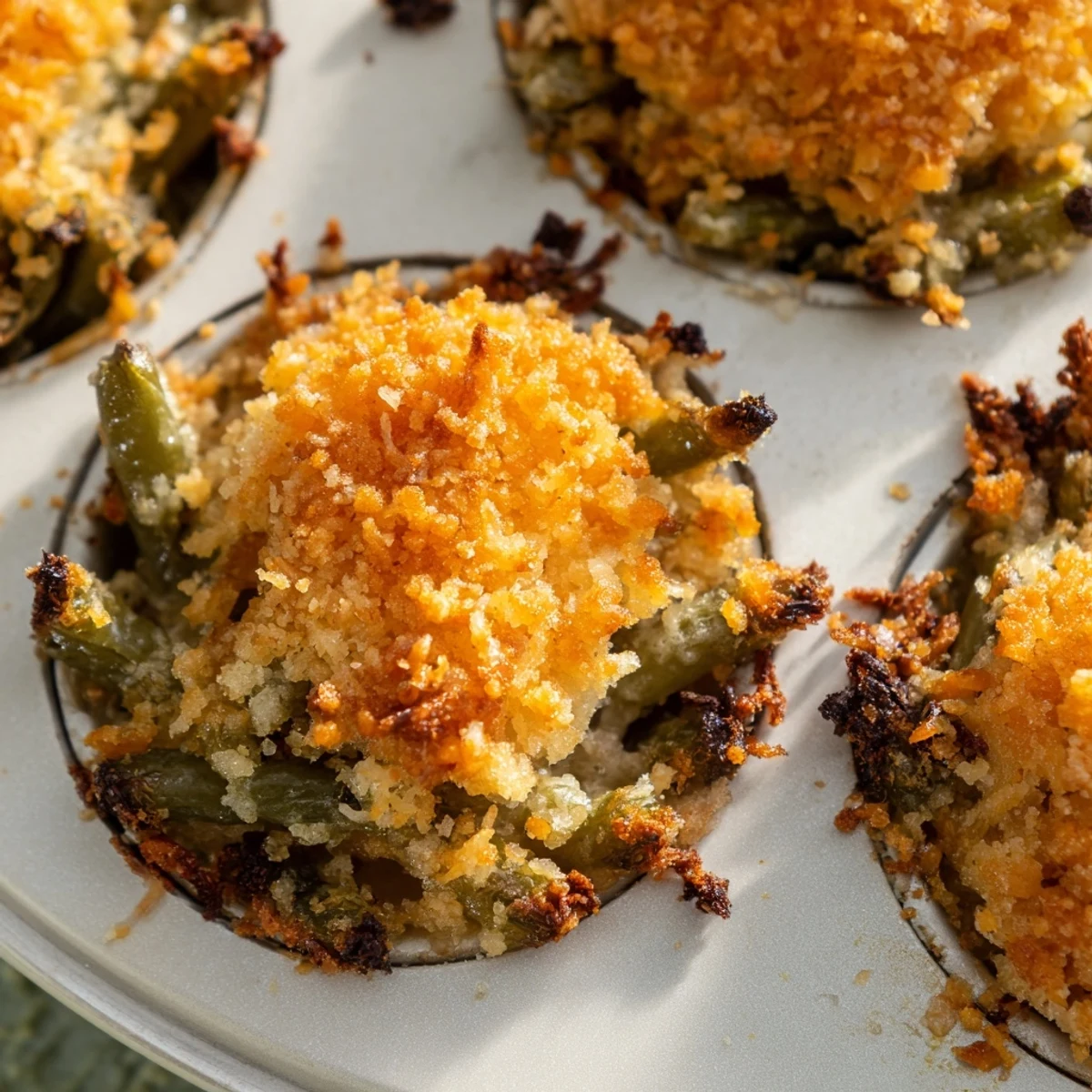 Golden Garlic Parmesan Green Bean Casserole Cups with crispy breadcrumb topping