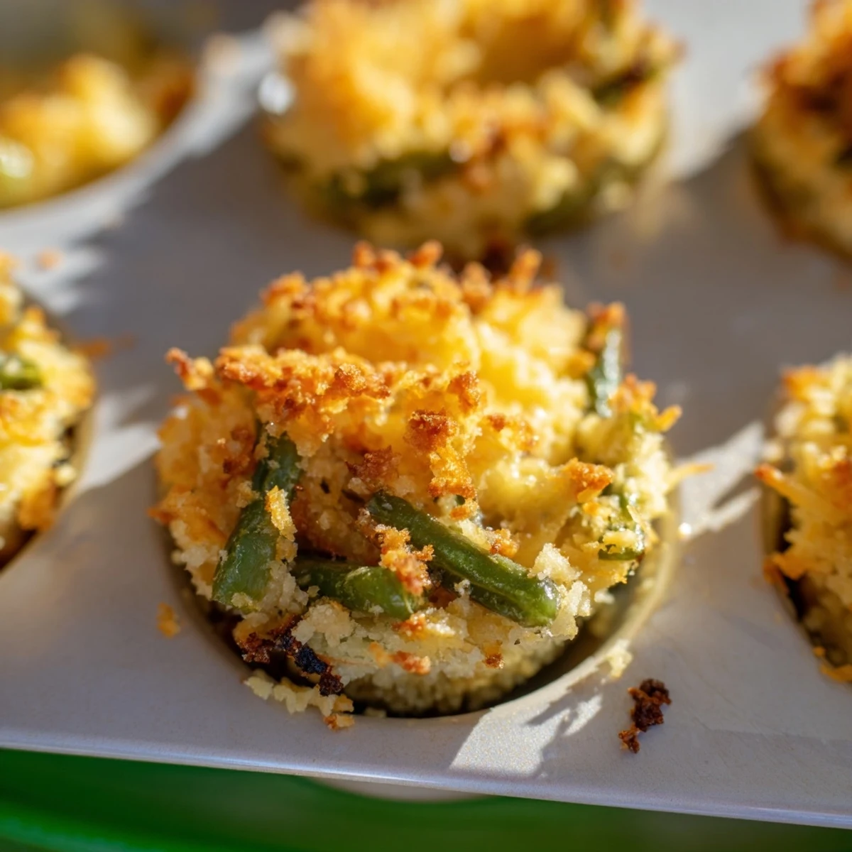 Baked green bean casserole cups in muffin tin with golden brown parmesan crust