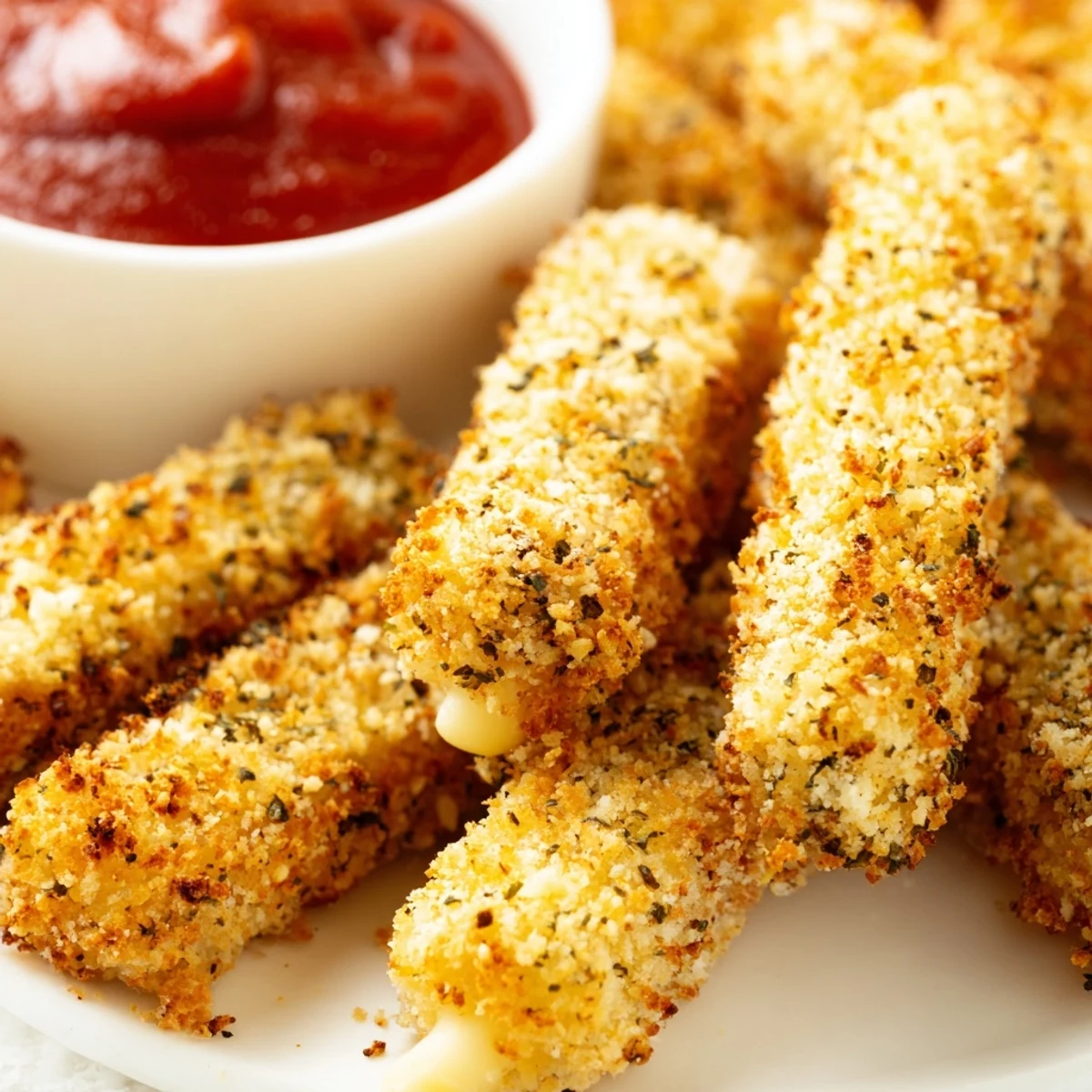 Golden crispy baked mozzarella sticks with crunchy exterior and gooey melted cheese center