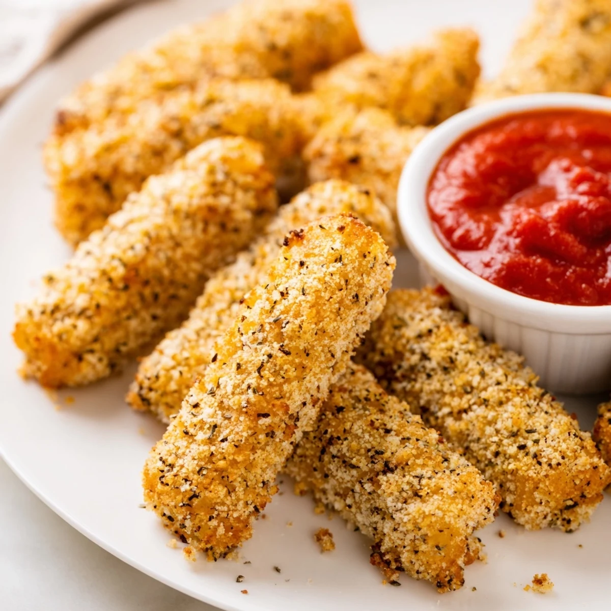 Baked mozzarella sticks arranged on wire rack with perfectly browned seasoned panko coating