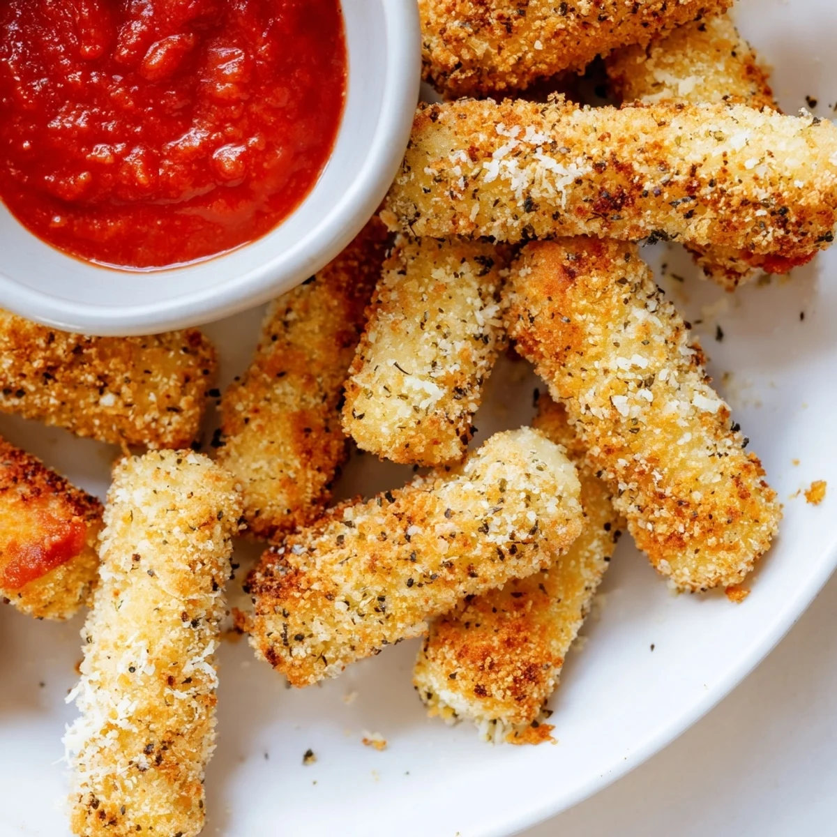 Plate of baked mozzarella sticks served alongside warm marinara sauce for dipping appetizer