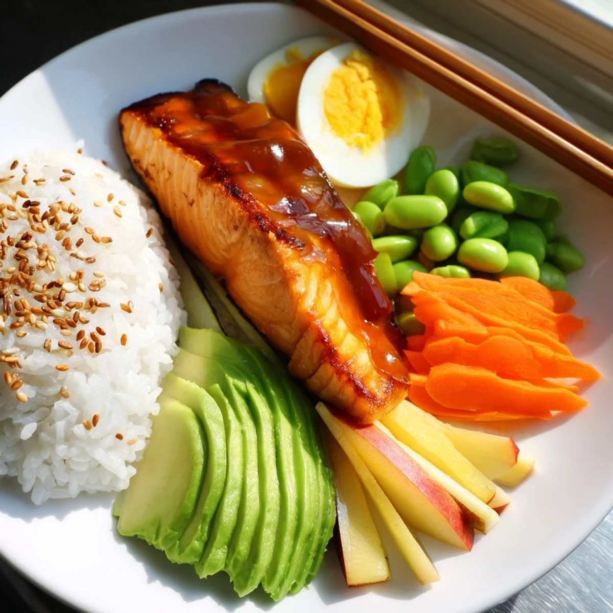 Nourishing Japanese Breakfast Bento Box arranged with grilled fish, fluffy rice, and fresh fruit in compartmentalized sections.