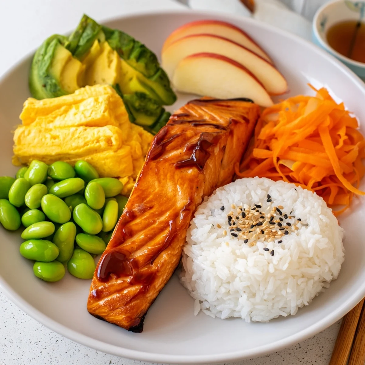 Well-balanced Japanese Breakfast Bento Box displaying grilled mackerel, seasoned rice, avocado slices, and bright steamed edamame.