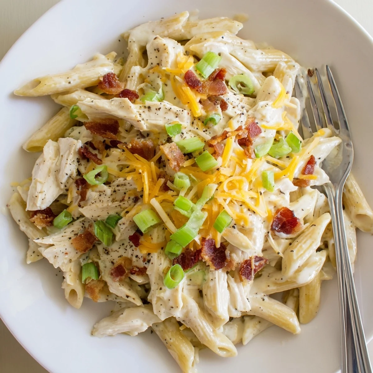 Rich comforting crack chicken pasta coated in white ranch cream sauce