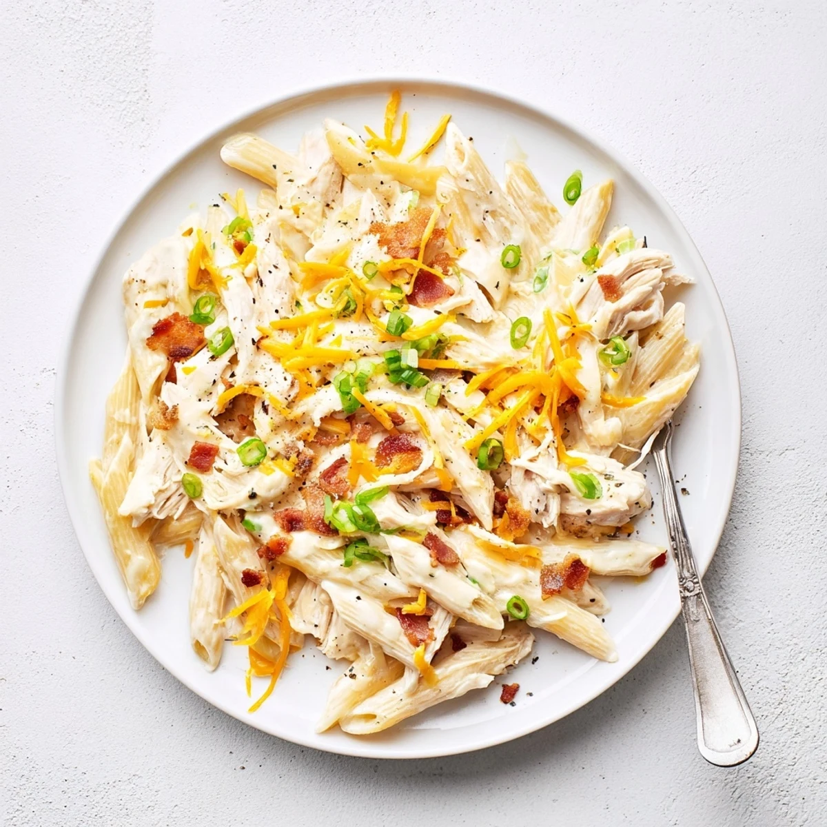 Steaming bowl of crack chicken pasta topped with green onions and bacon