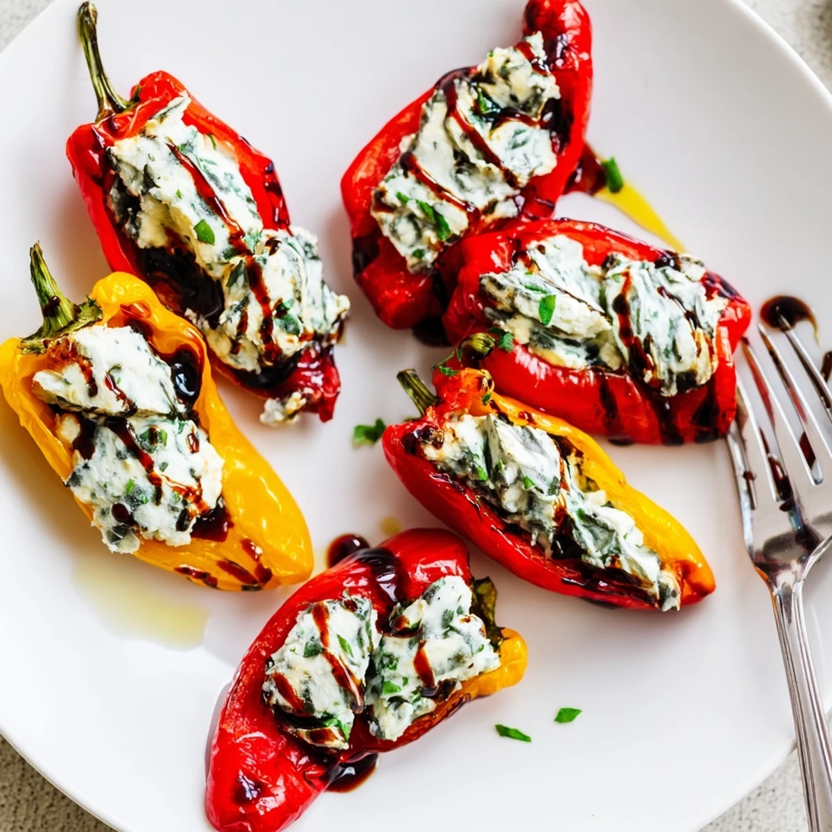 Golden blistered sweet mini peppers filled with creamy herbed goat cheese and drizzled with balsamic glaze