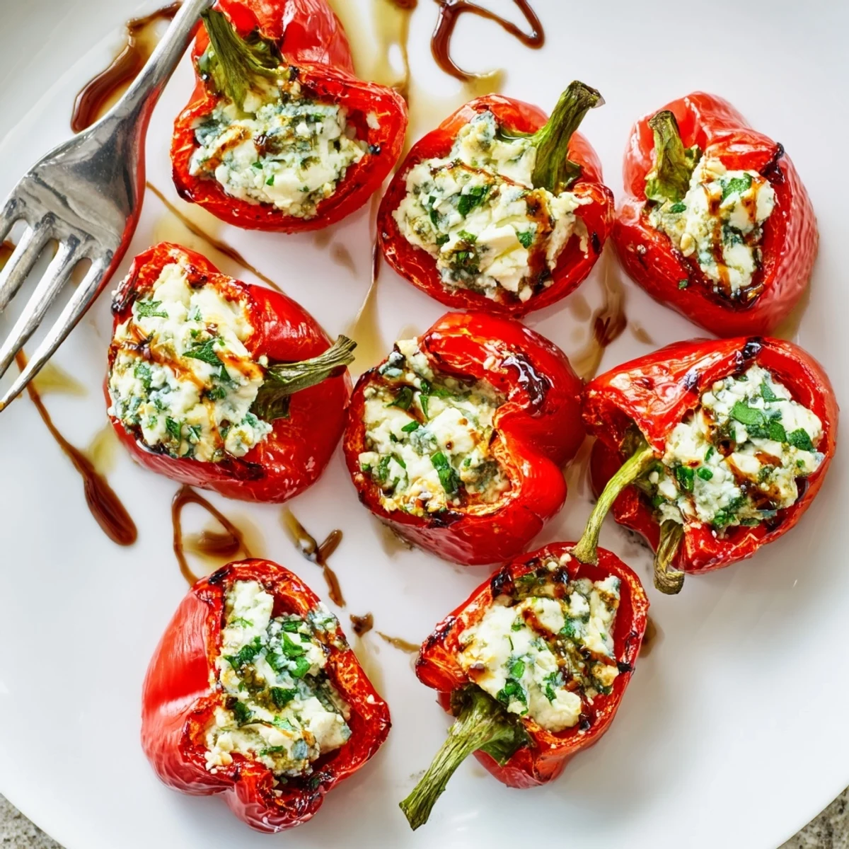 Colorful roasted goat cheese stuffed mini peppers arranged on a white serving platter with fresh herbs
