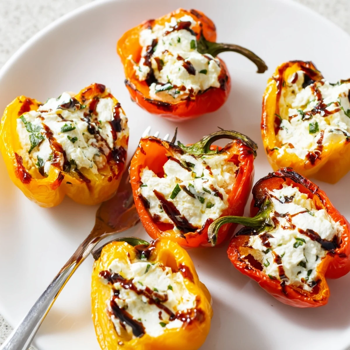 Mediterranean appetizer of roasted mini pepper halves mounded with smooth lemon and garlic goat cheese filling