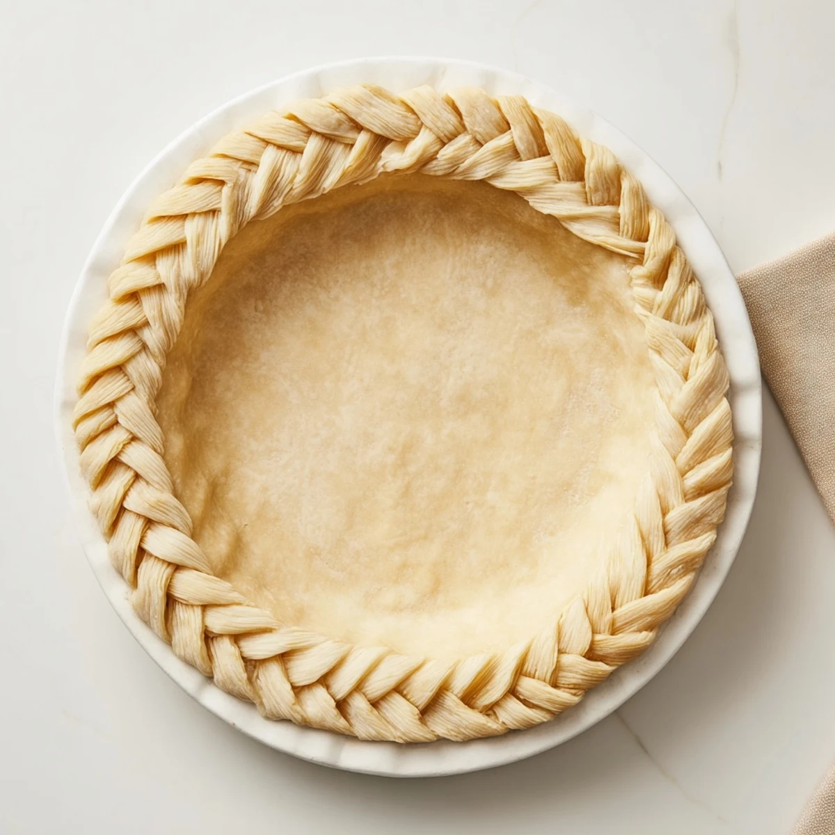 Golden brown fishtail braid pie crust with woven pastry strips arranged decoratively