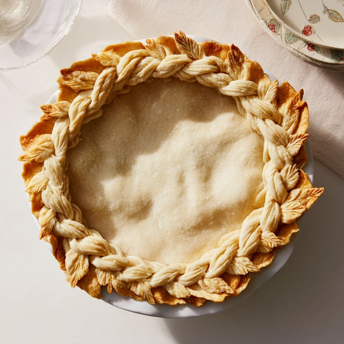 Handmade fishtail braid pie crust displaying intricate braided edges on a baked pie