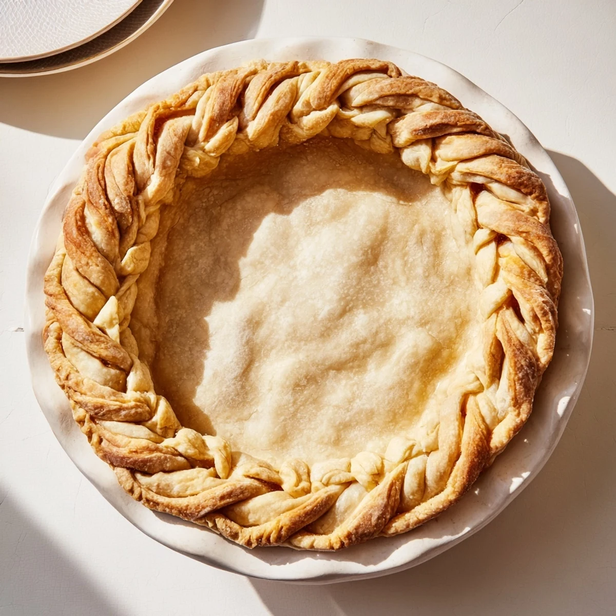 Brushed egg wash highlights the detailed fishtail braid pie crust pattern along the rim