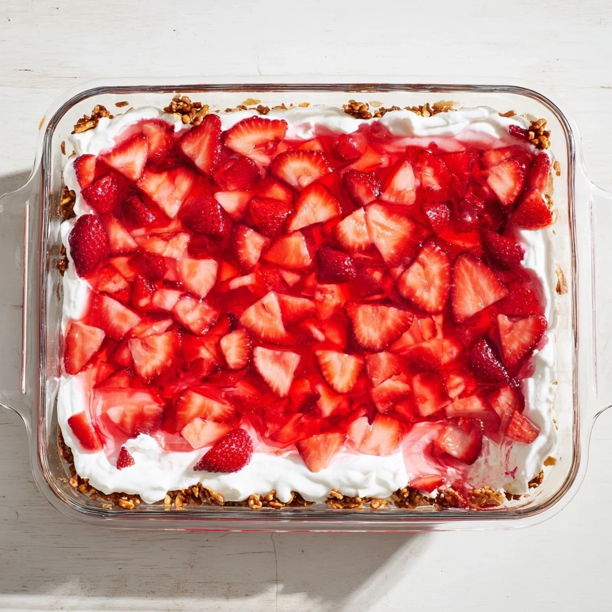 Fresh strawberry crackle salad with sliced berries in gelatin on crunchy pretzel crust