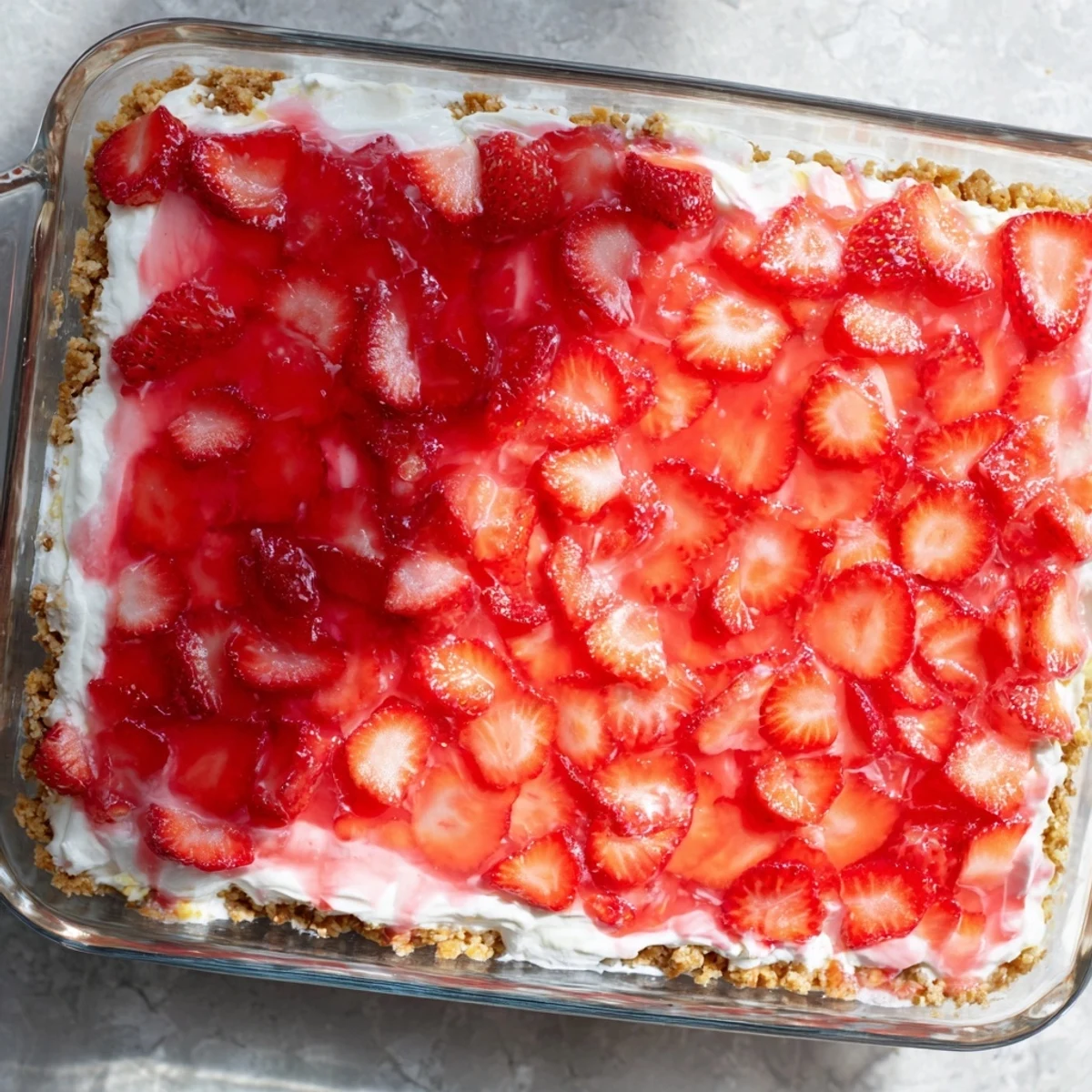 Chilled strawberry crackle dessert salad showing juicy strawberry pieces suspended in pink gelatin layer