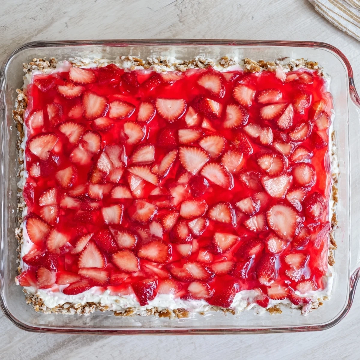 Creamy strawberry crackle salad layered with bright red fruit and crispy salted pretzel base