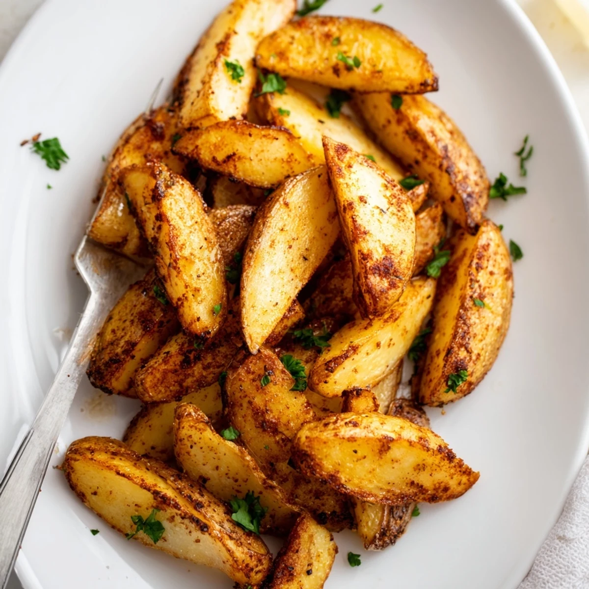 Golden brown air fryer potato wedges seasoned with garlic powder and paprika on a white plate