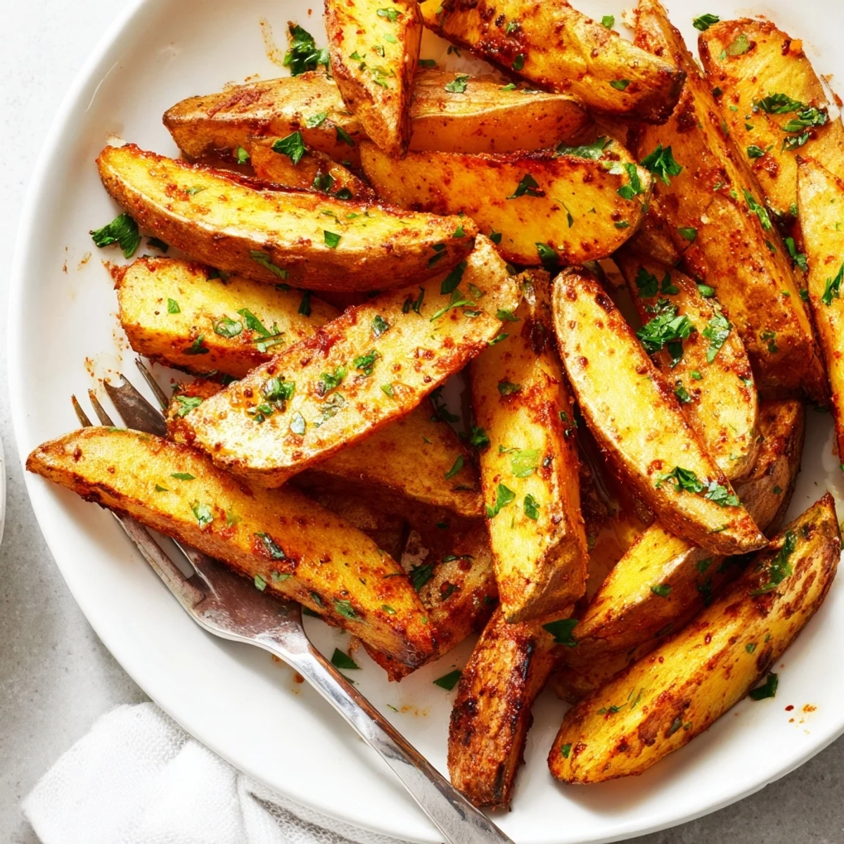 Crispy potato wedges arranged in a serving bowl with fresh parsley garnish and dipping sauce