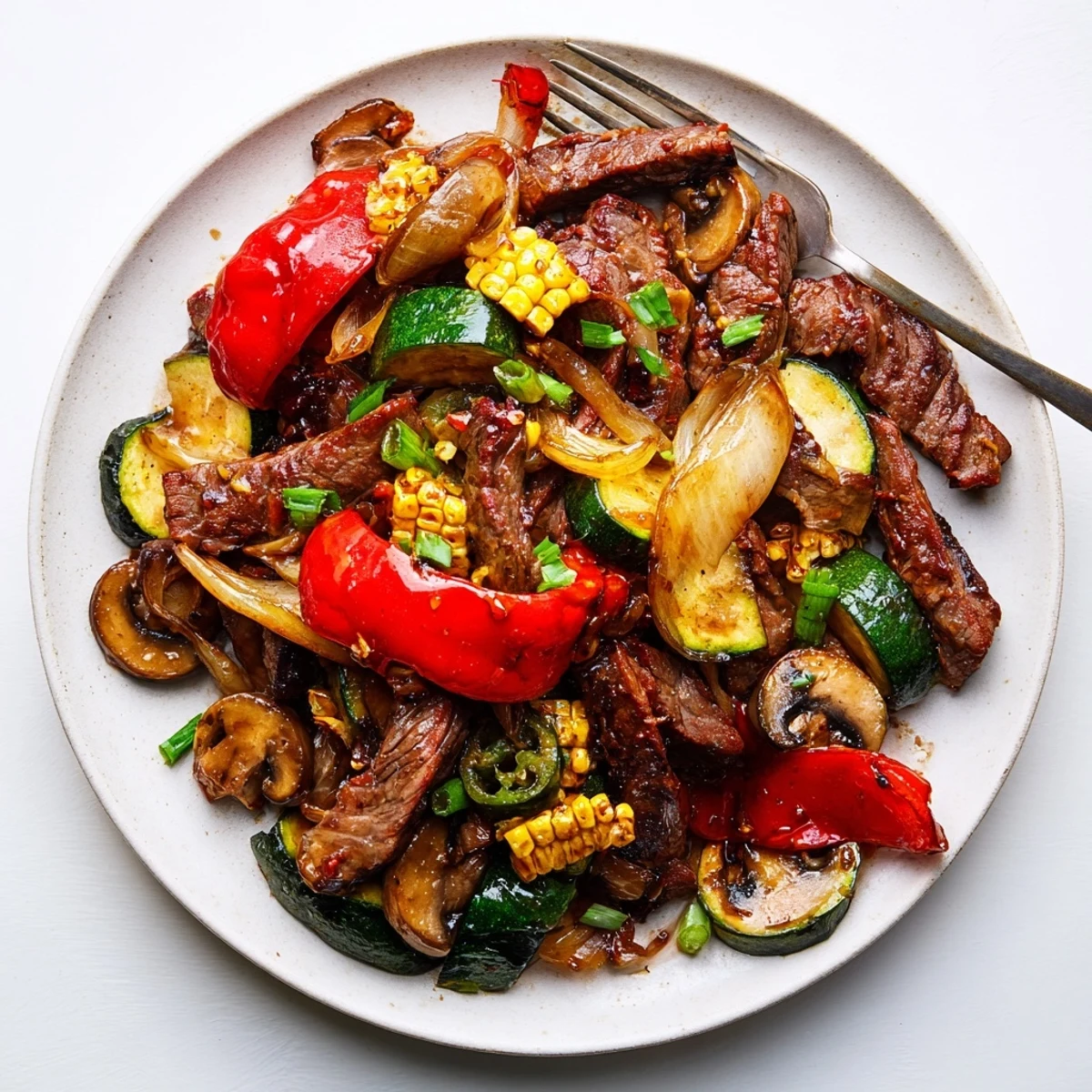 Sizzling Blackstone cowboy stir fry with charred beef, colorful vegetables, and glossy sauce on a griddle