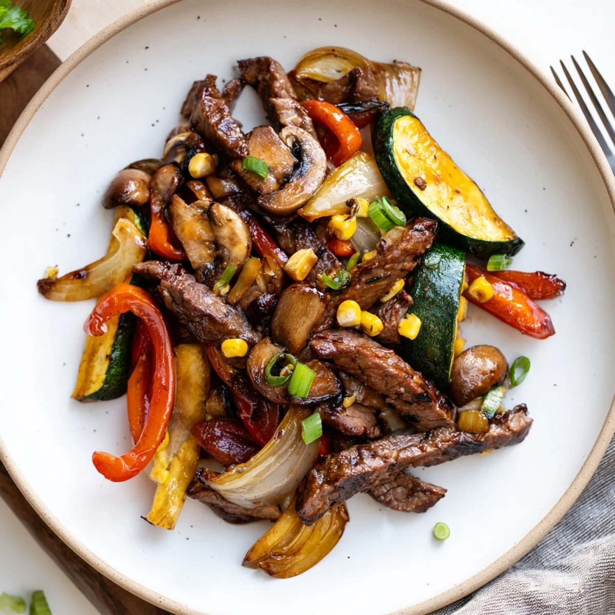 Hearty Blackstone cowboy stir fry plated with tender beef, smoky veggies, and fresh green onion garnish