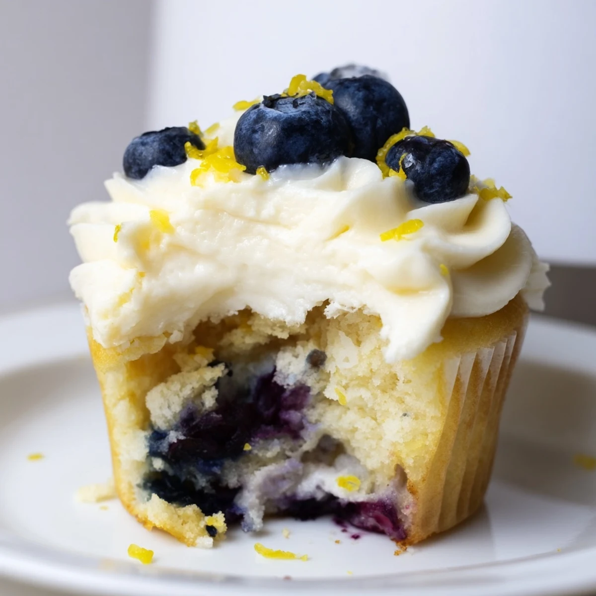 Golden lemon blueberry cupcakes topped with tangy cream cheese frosting and garnished with fresh blueberries