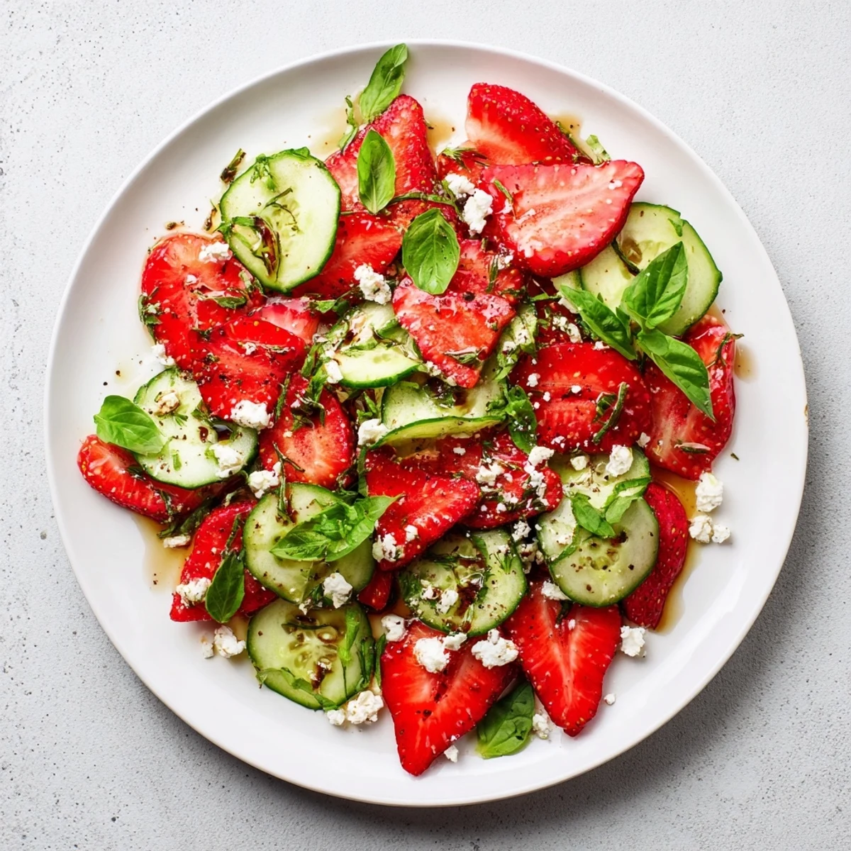 Fresh strawberry cucumber salad featuring juicy red berries, crisp green slices, and fragrant herbs drizzled with tangy balsamic dressing