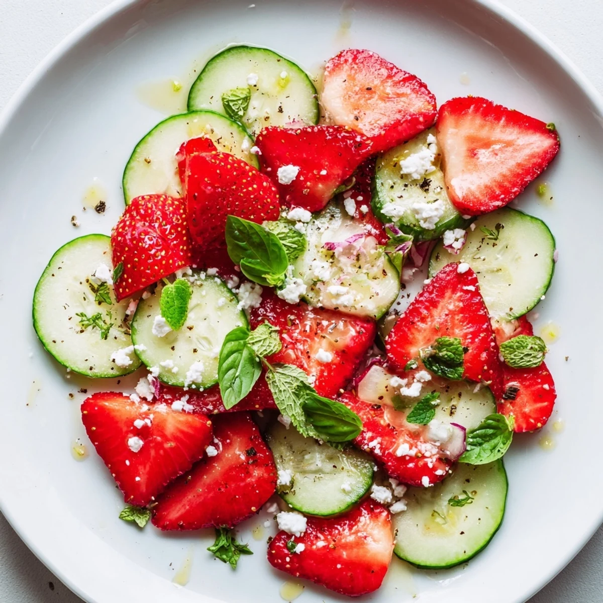 Summer strawberry cucumber salad arranged on a white serving platter with glossy dressing and freshly ground black pepper