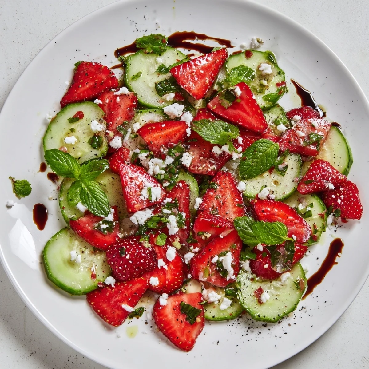Vibrant bowl of strawberry cucumber salad topped with crumbled feta, fresh mint, and basil in a light honey lemon vinaigrette
