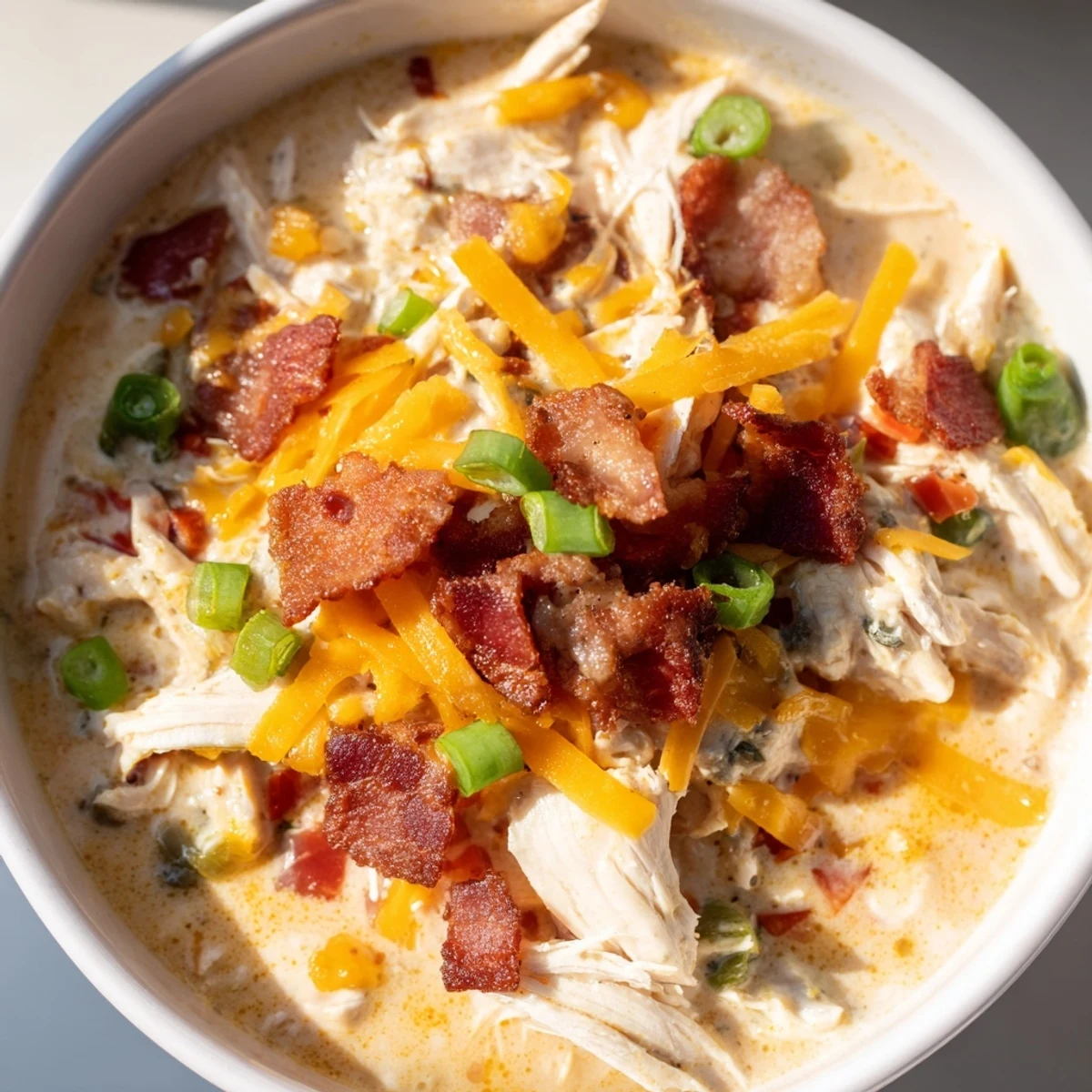 Creamy white bowl of spicy jalapeno popper chicken soup topped with crumbled bacon and melted cheddar