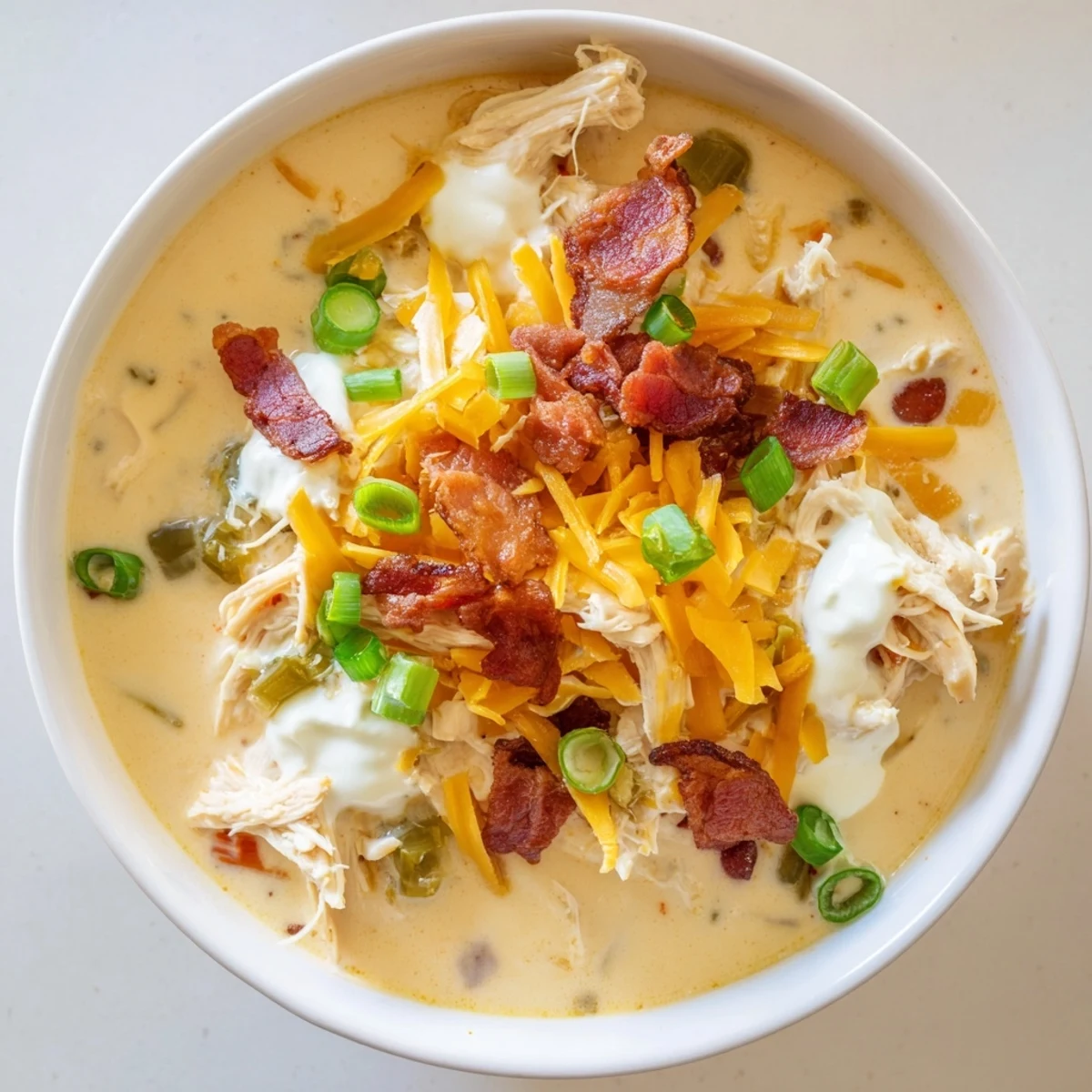 Golden broth of spicy jalapeno popper chicken soup garnished with fresh green onions and extra sharp cheddar cheese
