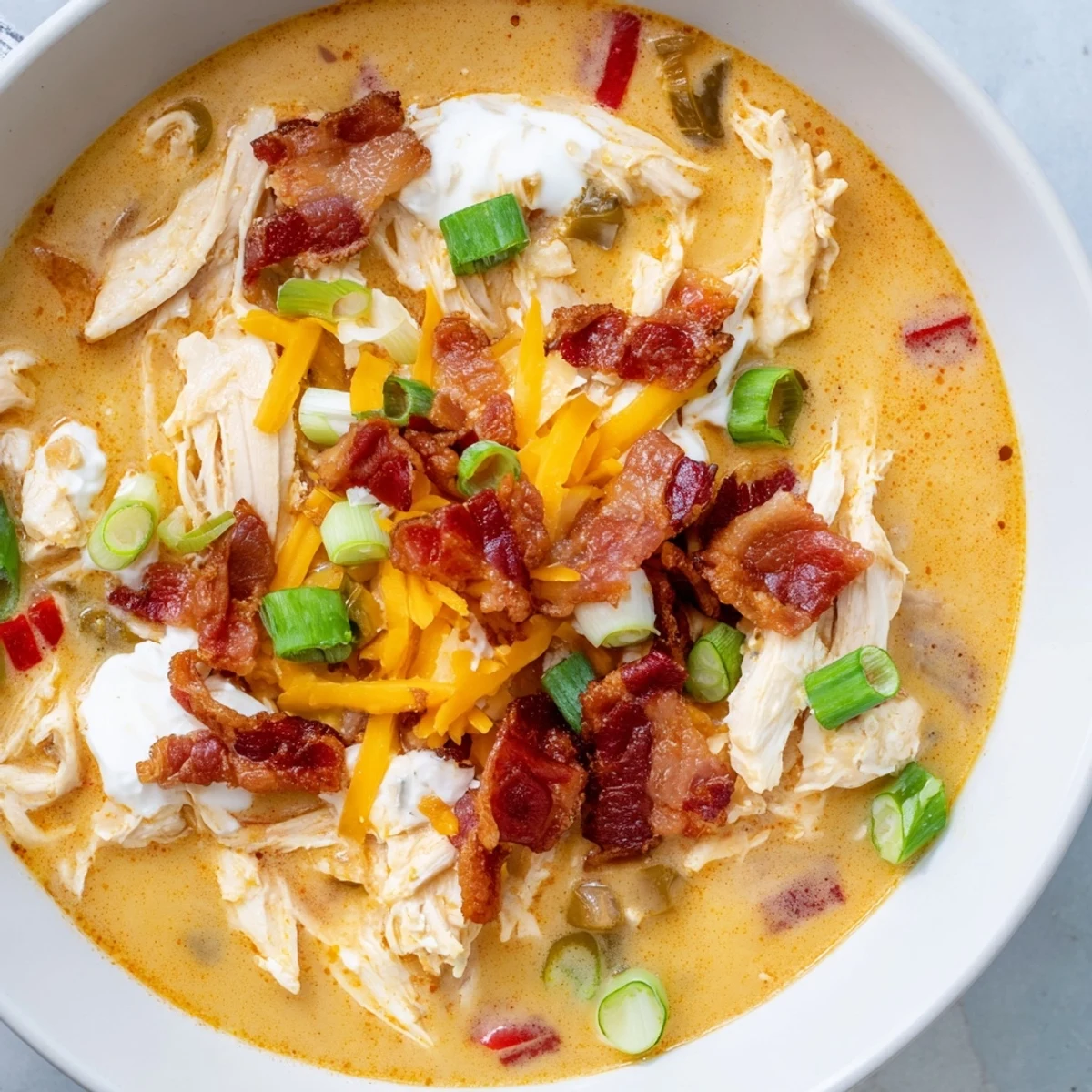 Steam rising from a rustic crock filled with cheesy chicken soup loaded with diced jalapeños and red bell peppers