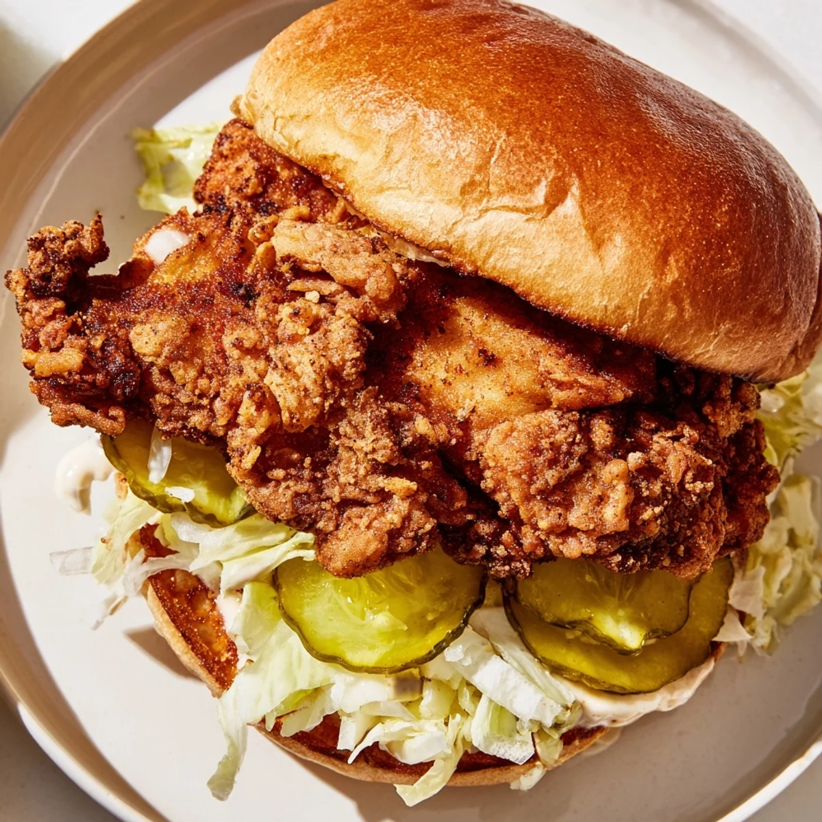 Golden crispy pickle brined fried chicken sandwich stacked on a toasted brioche bun with fresh lettuce