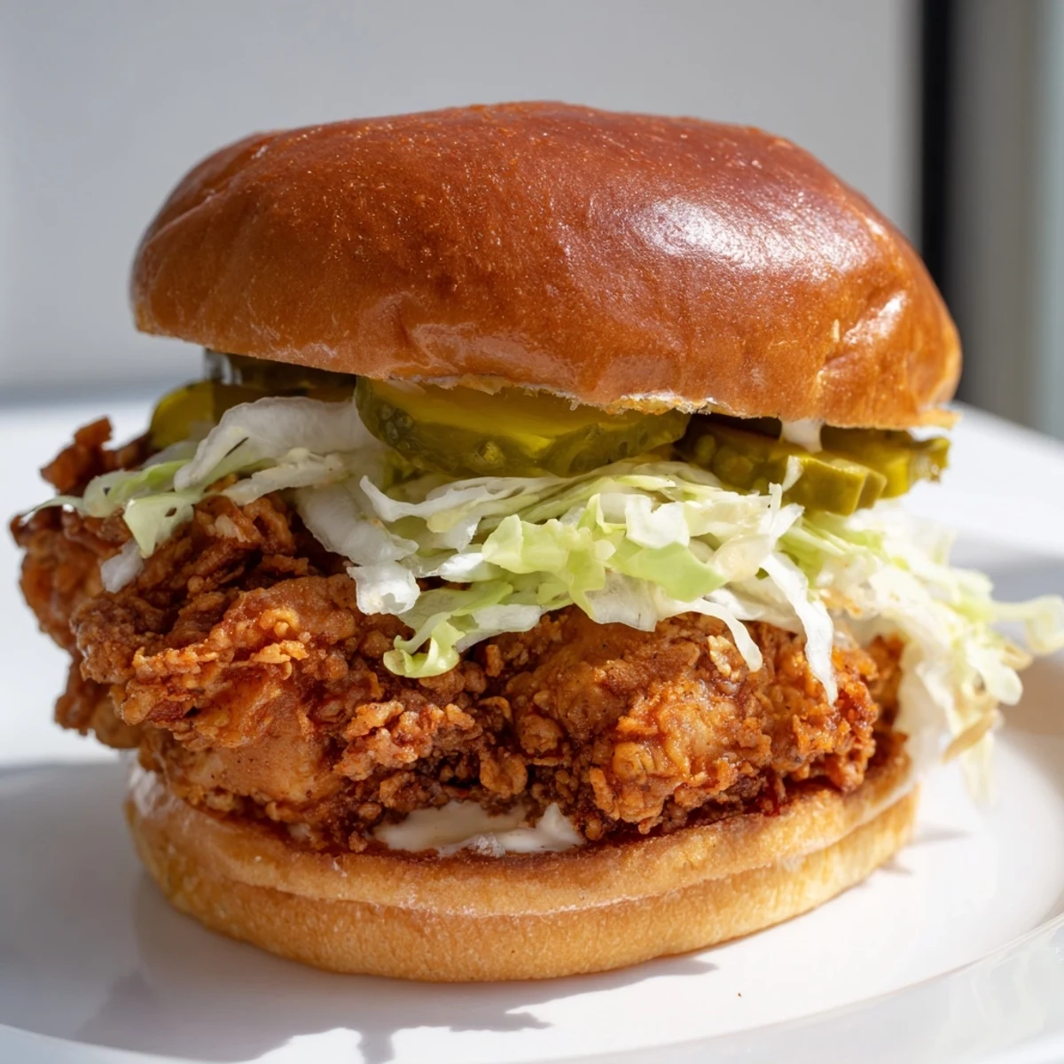 Juicy fried chicken sandwich featuring pickle brined marinated meat topped with crisp dill slices and creamy sauce