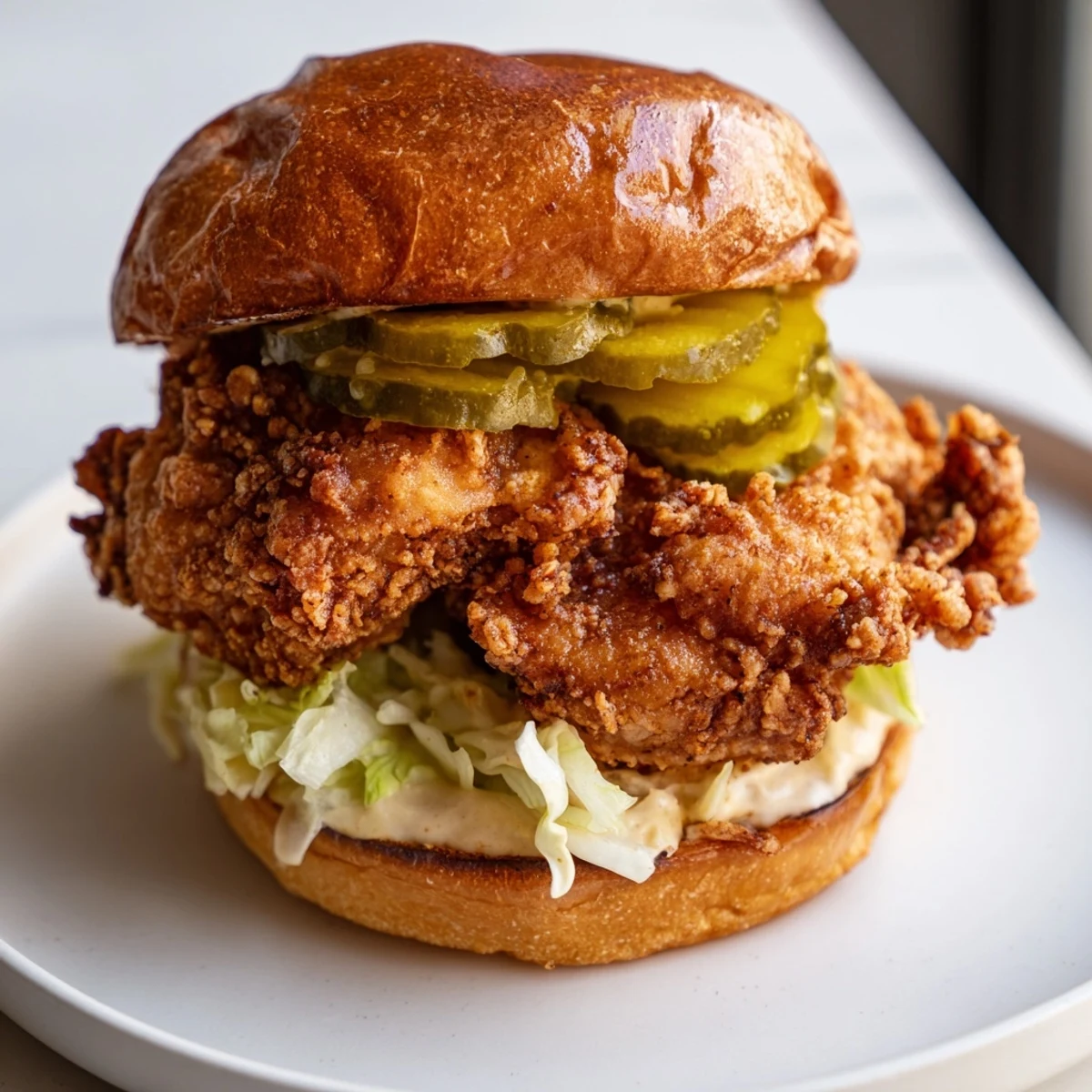 Homemade pickle brined fried chicken sandwich served with crunchy lettuce and tangy pickles on soft bread