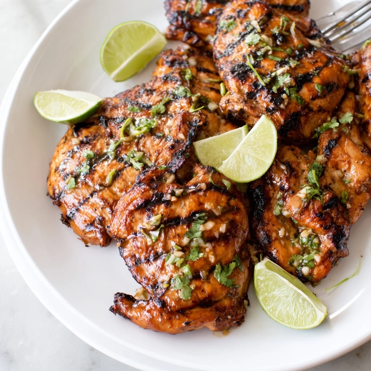 Golden brown Key West grilled chicken breast garnished with fresh cilantro and lime wedges on a white plate