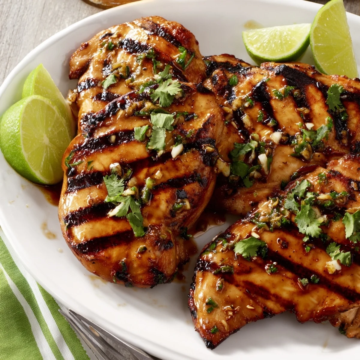 Juicy Key West grilled chicken resting on a serving platter with fresh lime wedges and chopped herbs