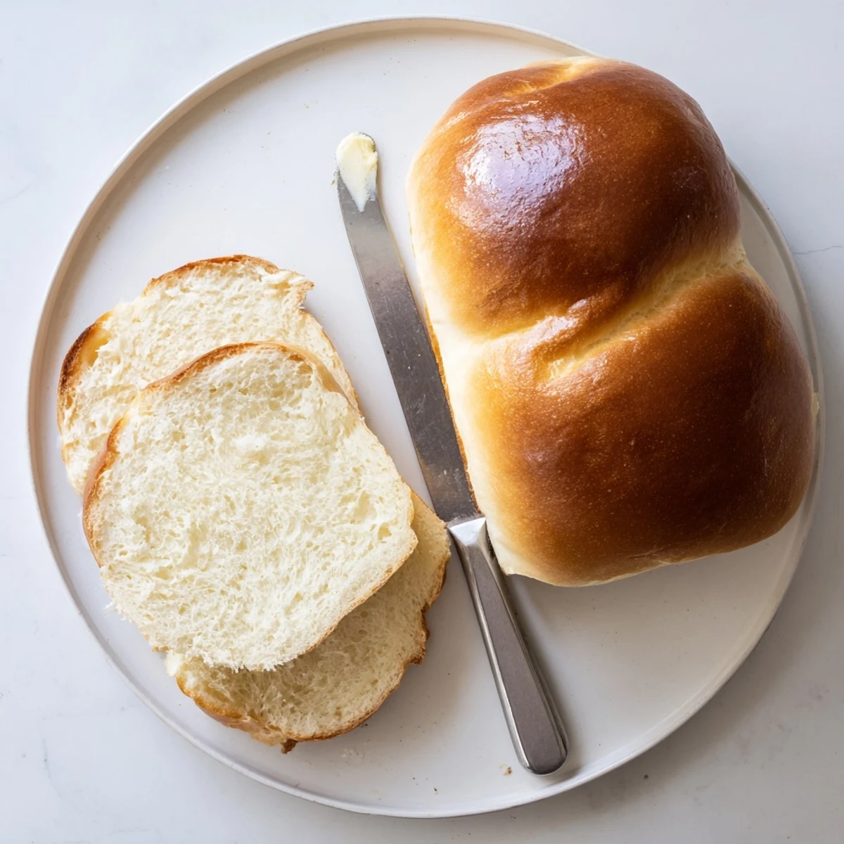 Golden brown homemade Amish white bread loaf with soft pillowy interior brushed with melted butter