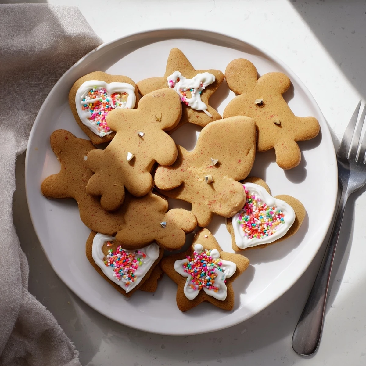Golden brown classic cut out gingerbread cookies decorated with white icing and colorful sprinkles on a white plate.
