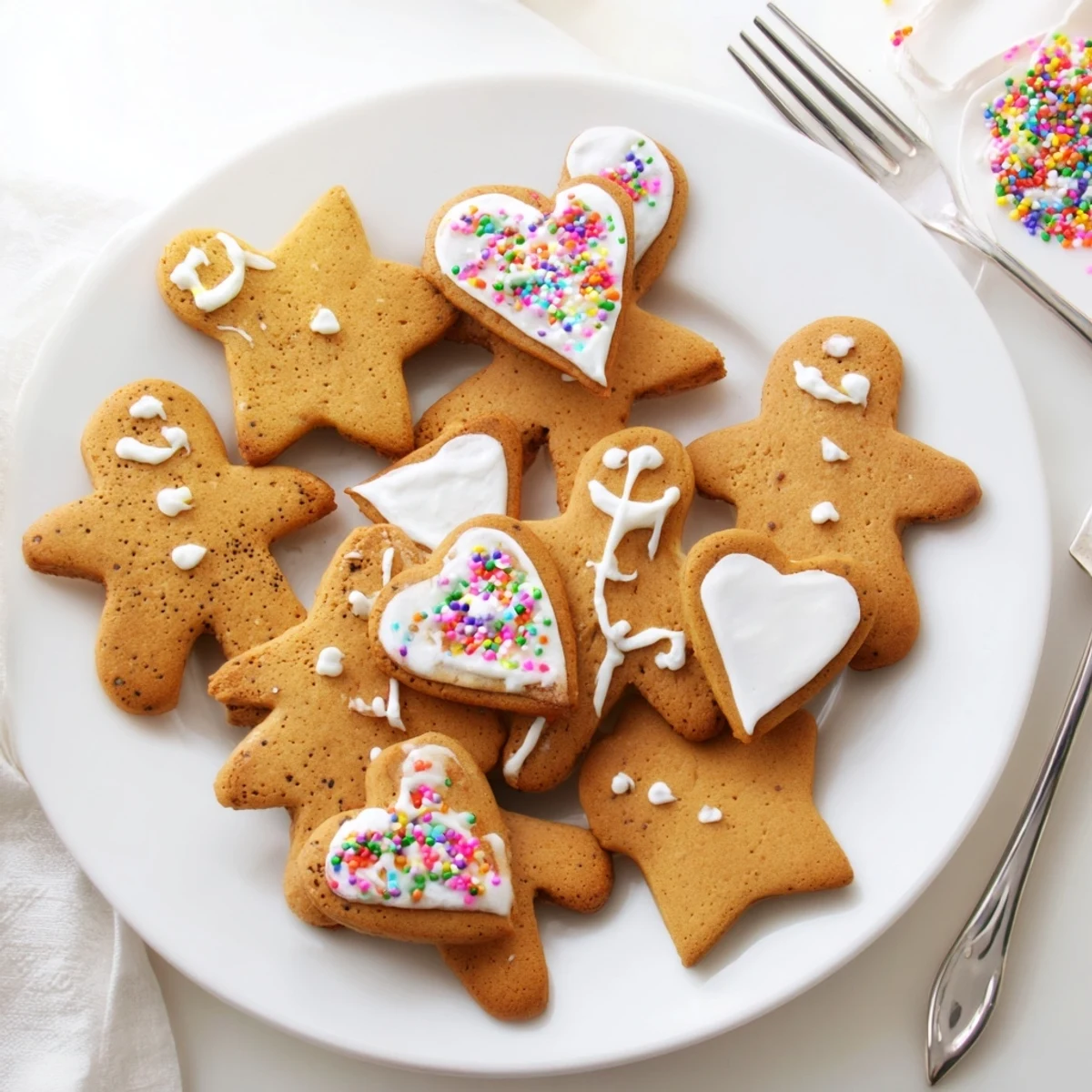 Soft spiced classic cut out gingerbread cookies arranged in festive shapes with detailed piped icing designs.