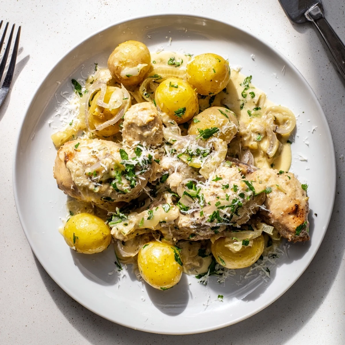 Golden slow cooker garlic Parmesan chicken nestled beside tender baby potatoes in a creamy sauce