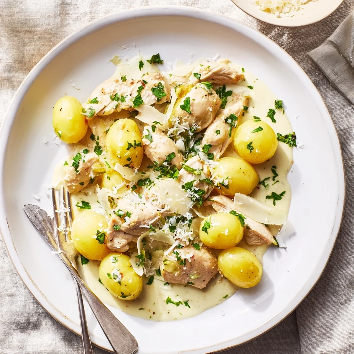 Savory chicken breasts slow-cooked with melted Parmesan and garlic alongside soft, fork-tender potatoes