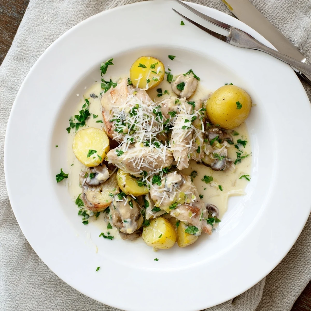 Comforting one-pot meal featuring seasoned chicken and potatoes topped with golden Parmesan cheese and fresh parsley